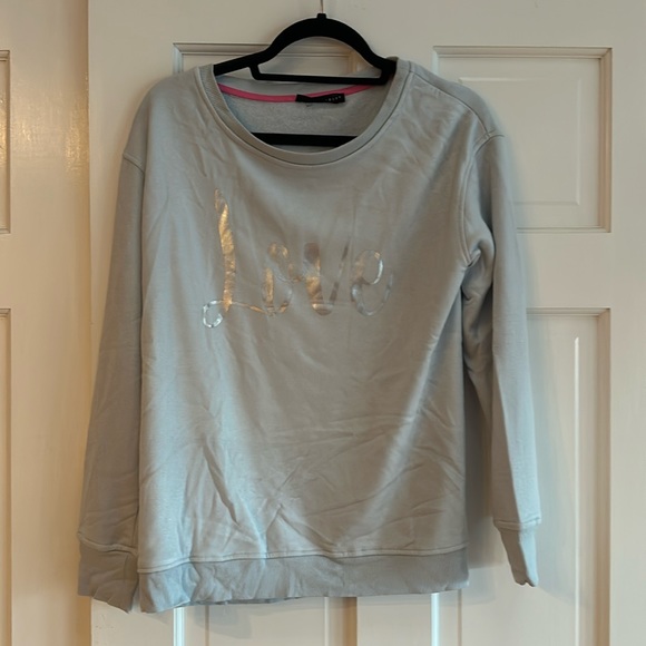 New powder blue sweatshirt w/silver LOVE on front-smoke free home - Picture 1 of 4